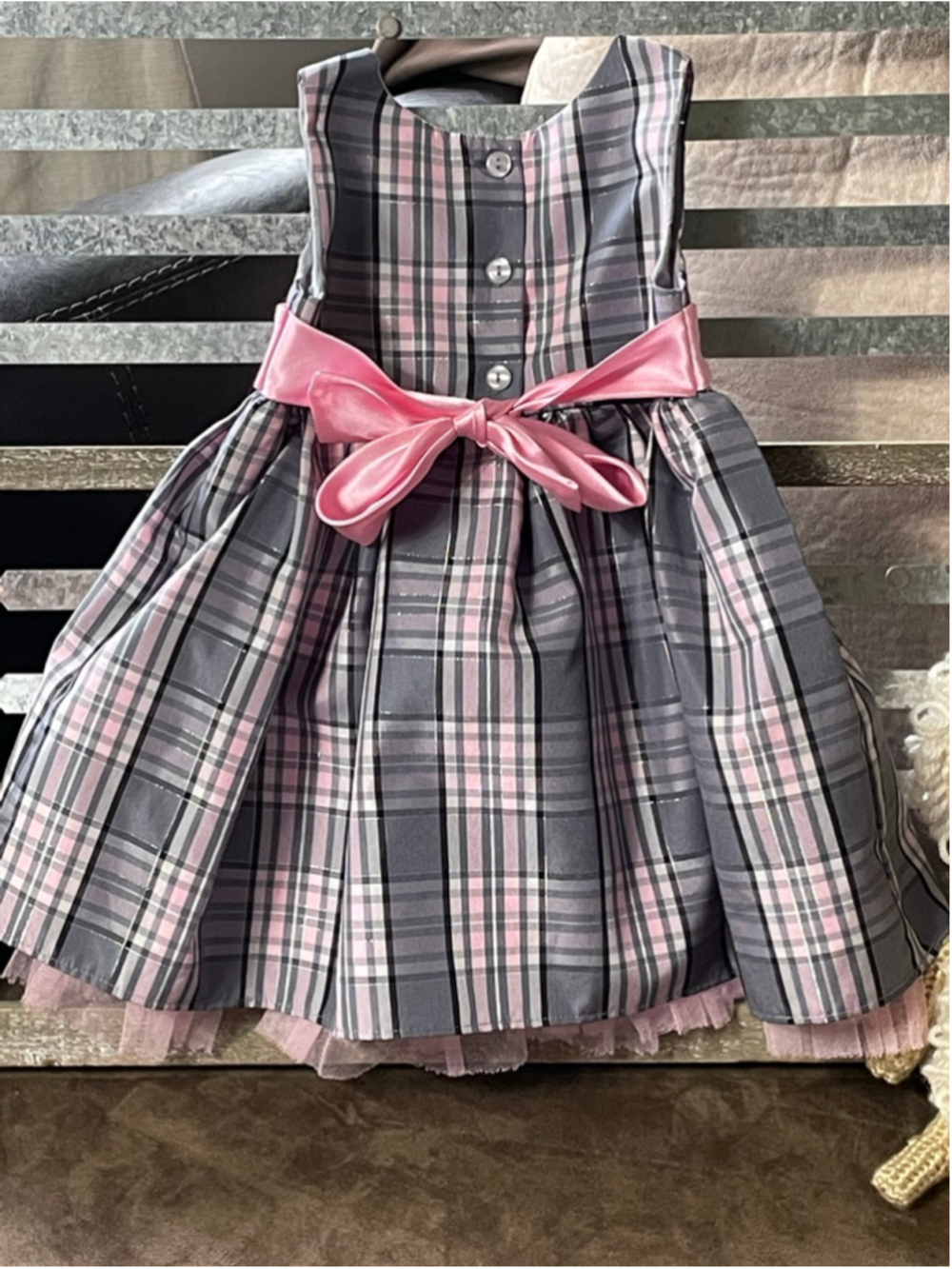 Girls Youngland Formal Dress 18 Months Gray Pink Plaid - Picture 4 of 8